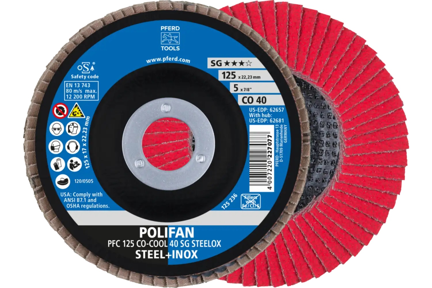Picture of Pferd Flap Disc, 5" x 7/8, Co-Cool SG Steelox, 40 Grit, T29, Conical, Ceramic oxide